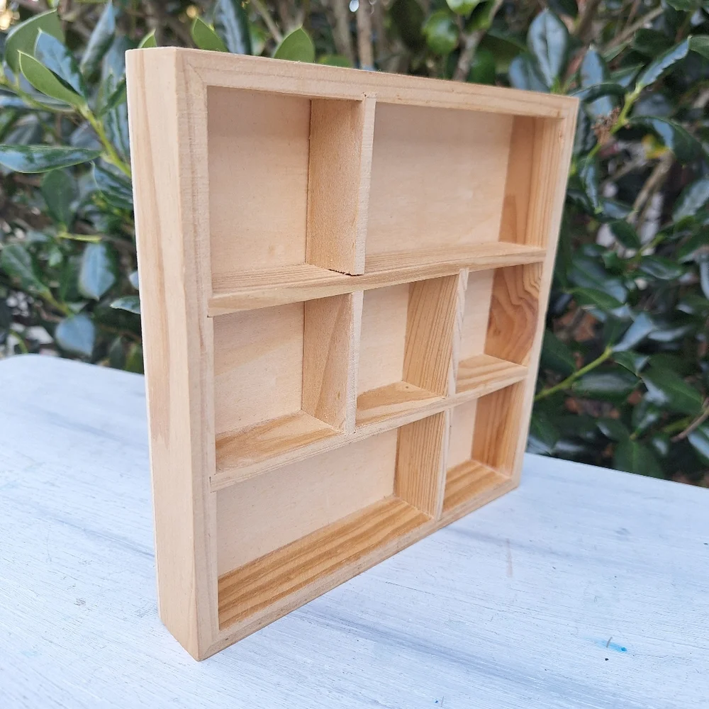 Mini Wood Shadow Box Wall Hanging Display 7x7x 1 inch deep wooden divided - Picture 7 of 14